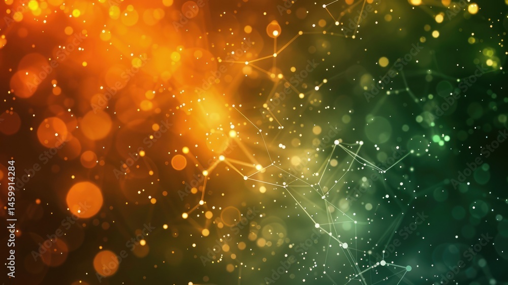 Poster abstract green orange particle in geometric shape represent data flow. vivid flowing object with hig