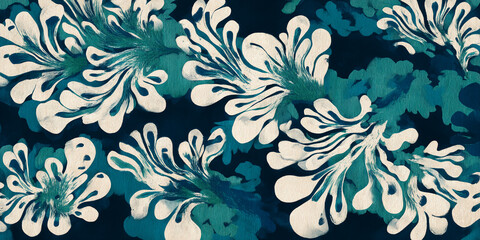 Abstract teal and white floral pattern, showcasing organic shapes and textures, representing nature's fluidity and artistry, ideal for design projects
