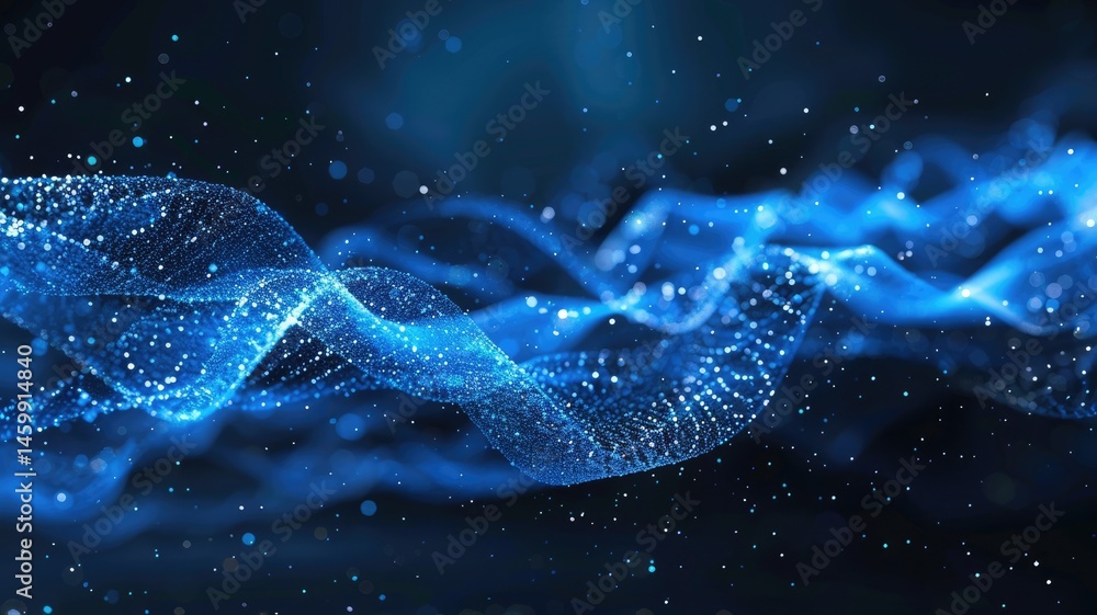 Poster captivating abstract visualization of blue waves and particles, perfect for healthcare and technolog