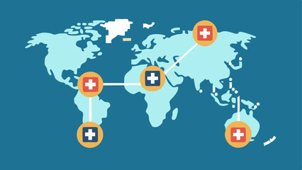 Global Health Network A world map background with blockchain connections linking various healthcare facilities across the globe symbolizing the global potential of blockchain in