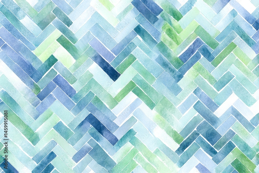 Poster abstract watercolor herringbone pattern in soft blue and green with hand-drawn look and gentle washe