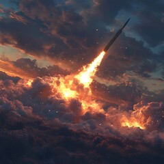 Naklejka premium Fiery Rocket Illuminates Battlefield At Dusk Photo