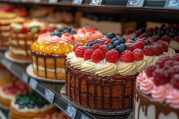 Freshly baked cakes topped with berries displayed in a bakery setting