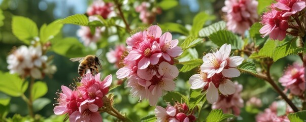 Busy bee pollinating raspberry blossoms in lush green garden, natural, food, healthy