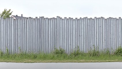 Fototapeta premium Gray wooden fence runs along a grassy roadside. A light gray paved road is visible in front, with greenery at the base of the fence. A small house is partially visible in the background