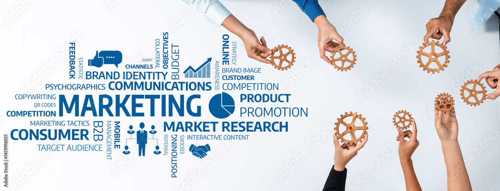 Poster this image showcases hands holding gears above marketing concepts, emphasizing teamwork and strategi
