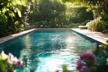 Serene tropical garden pool with lush greenery and blooming flowers in sunlight