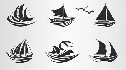 Collection of stylized sailboat illustrations, showcasing various sail designs and nautical themes.  Waves and seabirds are included in some designs