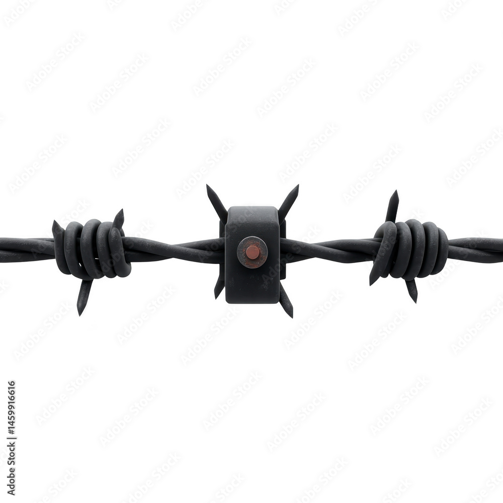 Poster close up of black barbed wire with sharp metal spikes, isolated on transparency background, symboliz