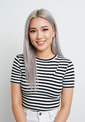 Fototapeta premium Smiling Woman Portrait with Stylish Silver Hair and Striped Shirt