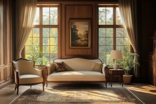 Elegant vintage living room with classic sofa and large windows in warm natural light