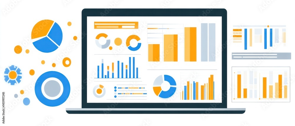 Poster data visualization on laptop screen: business analytics dashboard with charts and graphs