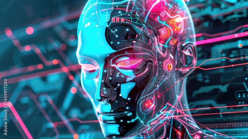 Poster explore a visually striking representation of artificial intelligence, showcasing futuristic technol