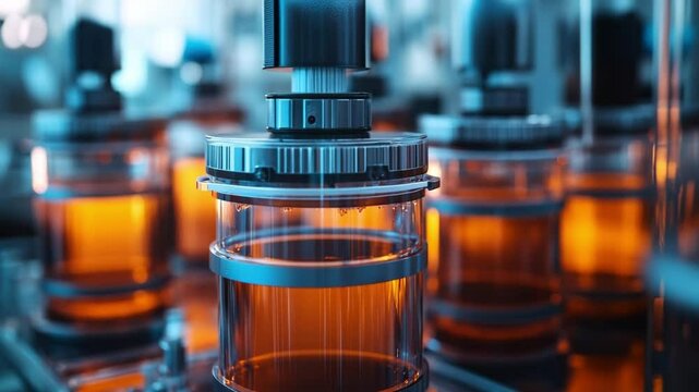 High-resolution footage showing aqueous iron flow-battery stacks filled with rust-brown electrolyte in a laboratory. Advanced clean energy technology transparent tanks and precision engineered