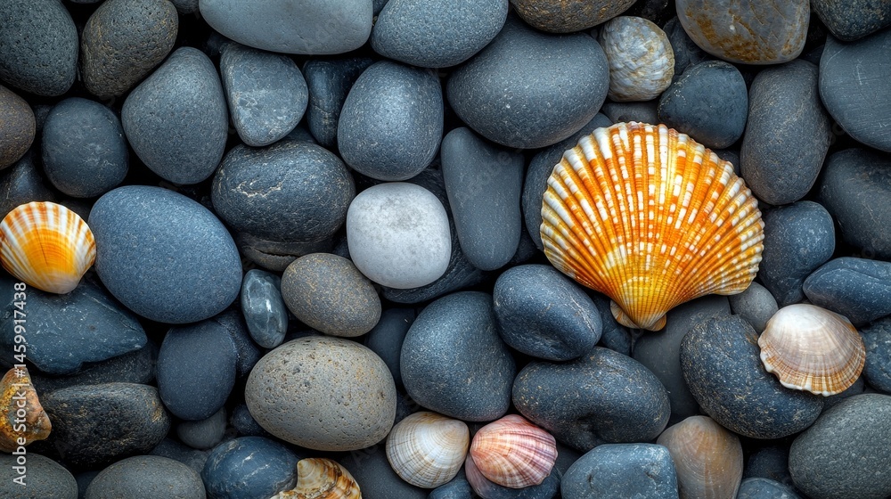 Poster close up view of smooth rocks and seashells.