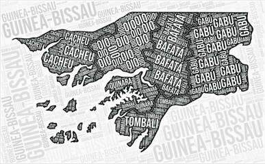 Guinea-Bissau regions map word cloud. Guinea-Bissau region names. Black and white map design. Trending vector illustration.