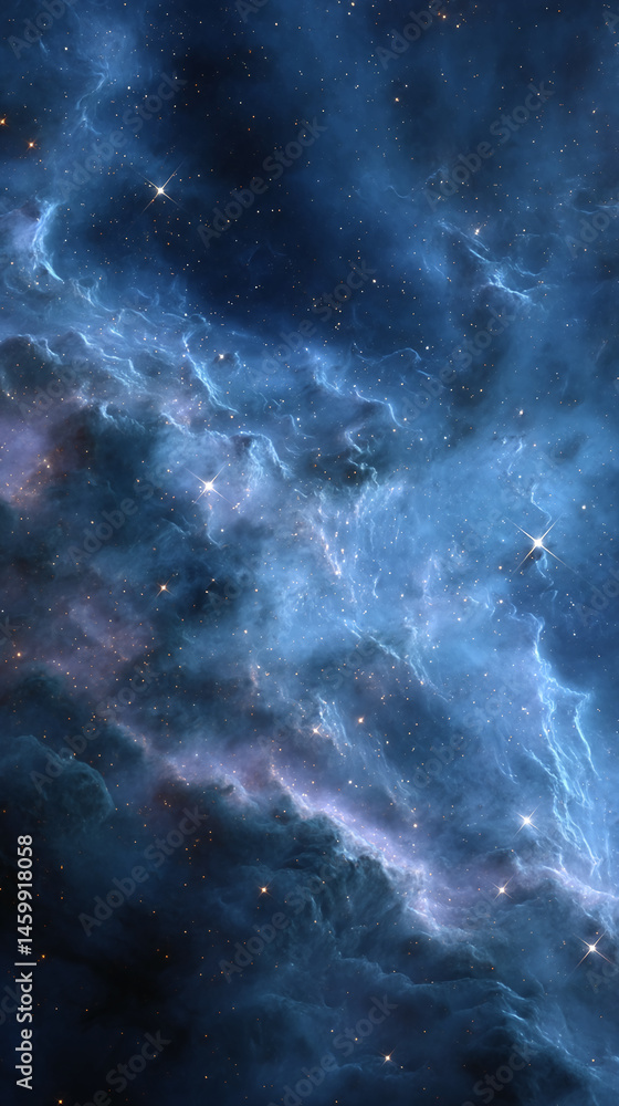 Poster blue nebula cosmic background image, showing swirling gas and dust clouds with bright stars, creatin