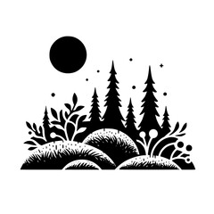 Minimalist Black & White Forest Landscape Illustration, Silhouette Style