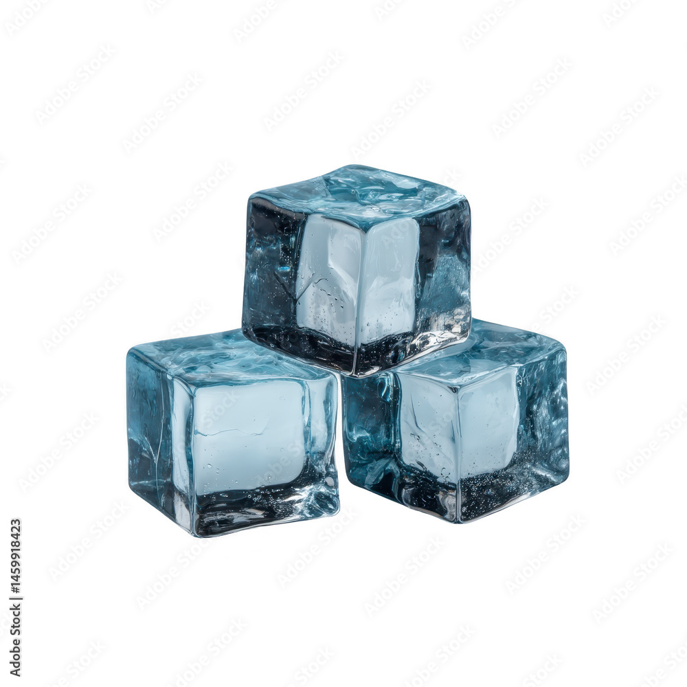Poster three clear ice cubes stacked in pyramid shape, showcasing their transparency and smooth surfaces. c