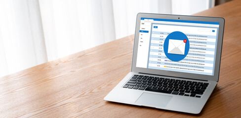 Email notification message showing on computer screen snugly. Digital marketing message information text from business to customer client