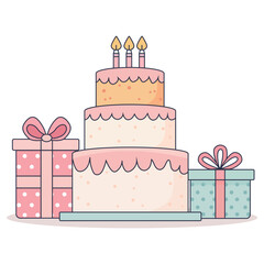 Layered Birthday Cake with Gifts – Festive Celebration Scene