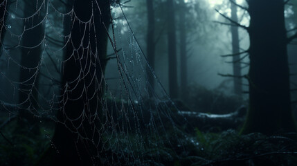 Close up of a spiderweb with water droplets in a dark and misty forest environment at night time