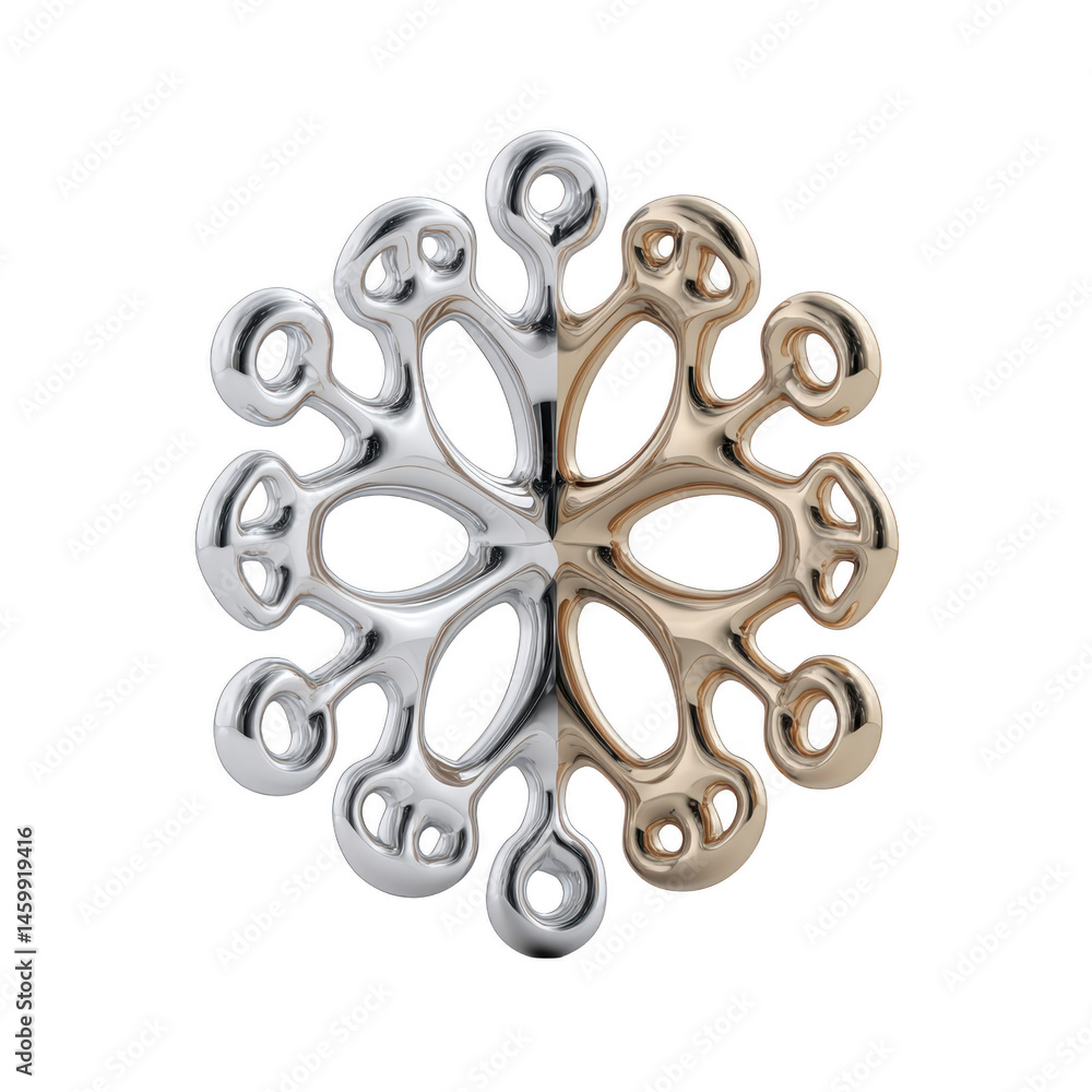 Poster this features symmetrical, metallic abstract sculpture with dual tone design silver and gold, resemb