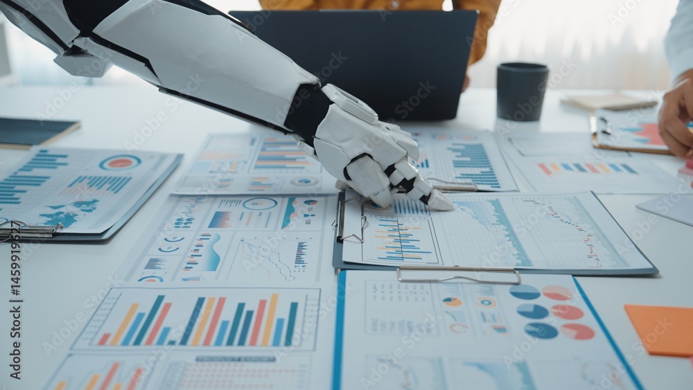 Poster a robotic arm interacts with various business reports and graphs on a desk, highlighting the synergy