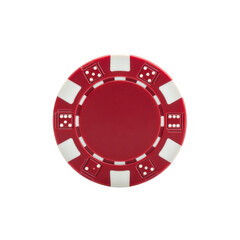 Red and white poker chip with dice patterns is centered on plain background, symbolizing gambling and casino games. chip design is simple yet striking