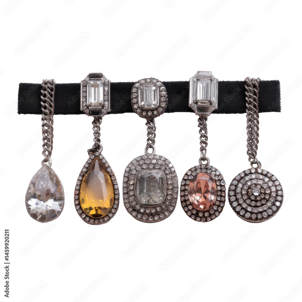 Poster collection of elegant, sparkling gemstone pendants with intricate designs and various shapes, includ