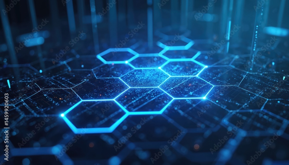 Aufkleber Abstract digital background with glowing blue hexagons and data streams. Modern technology illustration. Cyber network connection, information matrix. Digitalization, high tech innovations.