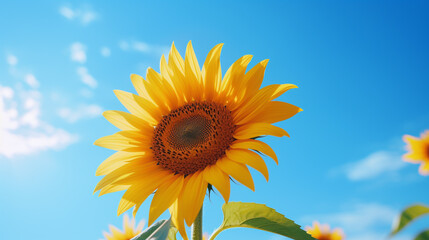 Close up of a bright yellow sunflower against a clear blue sky with scattered white clouds view outdoors