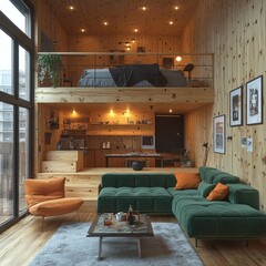 Modern loft apartment, wood interior, city view, cozy living room