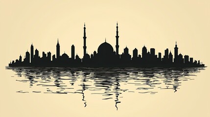 Silhouette of a city skyline reflected in a calm water surface