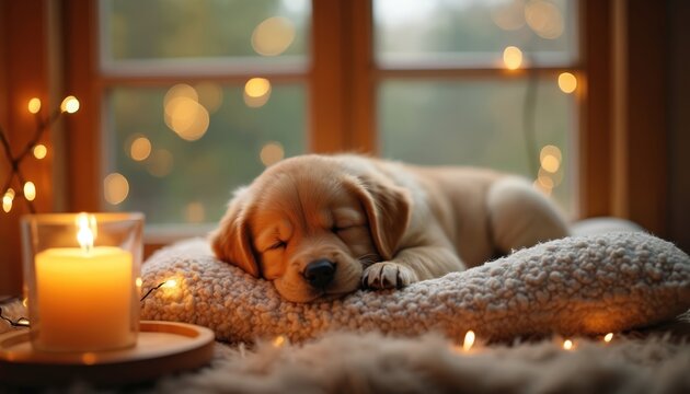 Cute puppy sleeps peacefully on a soft pillow near window. Warm cozy home, candles, bokeh lights. Golden retriever puppy, adorable pet animal, domestic friend, purebred dog.