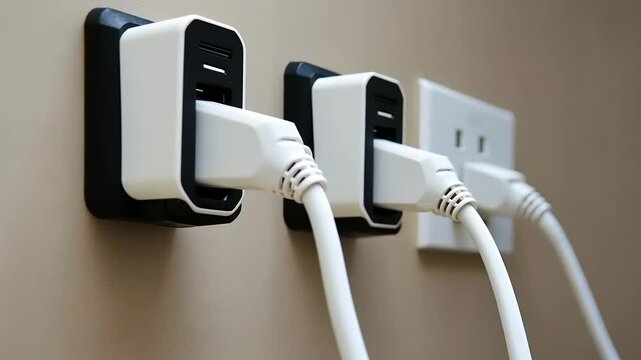 Electric Power Concept: Wall Outlets and Plugs Charging Electronic Devices, Minimalist Design