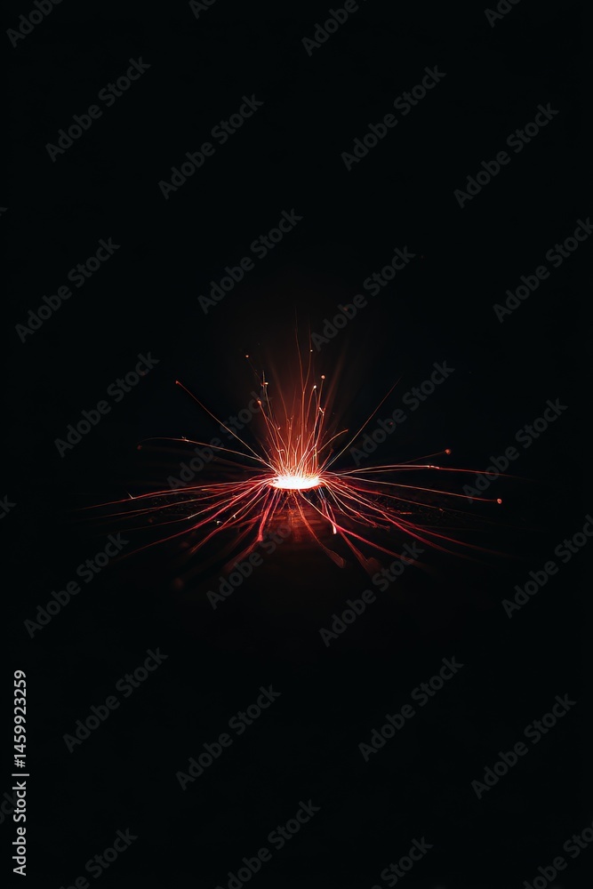 Poster glowing ember-like spark in lower-centre on black background with amber-to-white gradient, crimson e