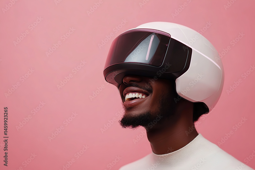 Poster man enjoys virtual reality experience with advanced vr helmet in a colorful setting