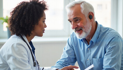 Fototapeta premium Doctor interacting with elderly patient in bright office setting 