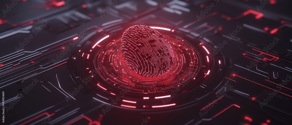 Poster digital fingerprint sphere glowing red on tech surface