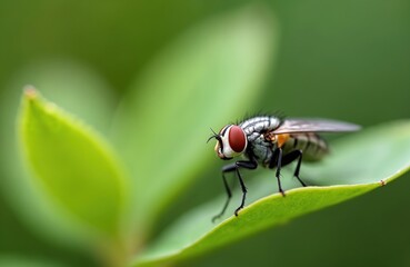 Naklejka premium Macro photo fly on green leaf. Detailed insect close-up nature background. Summer wildlife, vibrant color, animal in natural habitat. Explore world insects. Perfect for education or design projects.