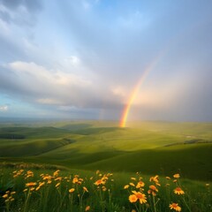 Naklejka premium Double rainbow over rolling green hills and wildflowers.