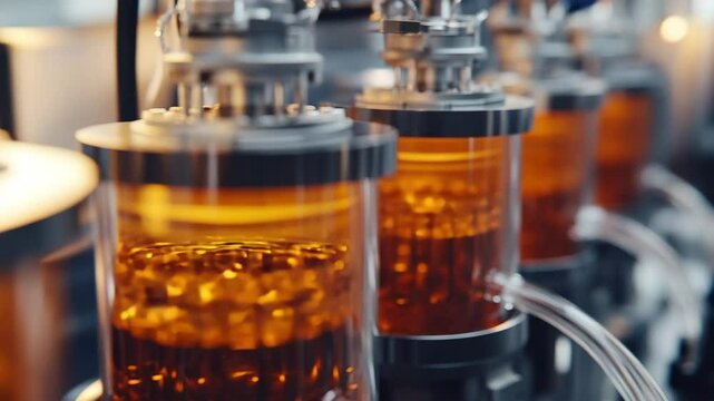 Close-up view of aqueous iron flow battery stacks with rust-colored electrolyte in cylindrical containers. Transparent tubing connects each unit, clean energy storage systems in a laboratory