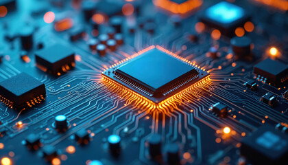 Abstract AI circuit board. Modern artificial intelligence system design of interconnected devices. Digital transformation, machine learning, deep learning, neural network, data analysis concept.