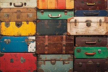 Vintage suitcases stacked in colorful rows highlighting retro travel charm