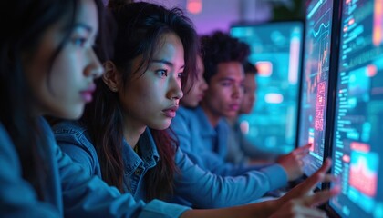 Group of students collaborate on research project. Cyberpunk, neon lights illuminate holographic screens. Digital art shows diverse team focused data analysis. Tech, innovation, modern education