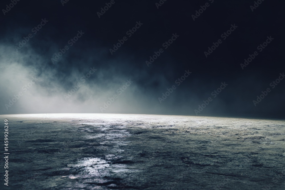 Poster ground fog lingers on concrete floor with very dark background, creating a moody and cinematic atmos
