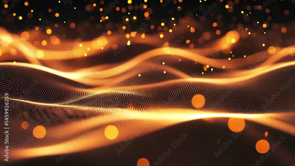 Poster Mesmerizing abstract background showcasing luminous movement and flowing waves in vibrant tones of gold and orange, Abstract background with the movement of luminous particles Digital technology 3D