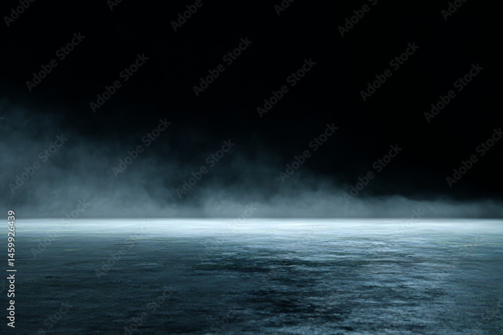 Poster ground fog lingers on concrete floor with very dark background, creating a moody and cinematic atmos