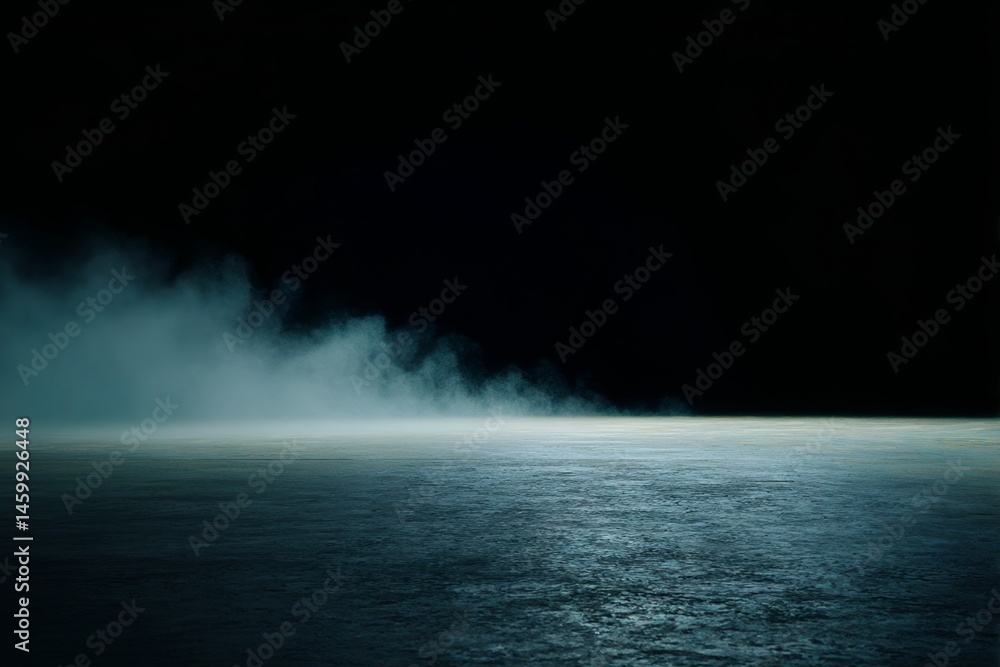 Poster ground fog lingers on concrete floor with very dark background, creating a moody and cinematic atmos